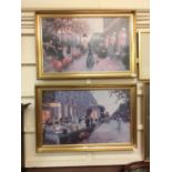 A pair of ornate gilt framed prints of continental street scenes signed Kieffer