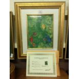 A framed and glazed lithographic print titled 'The Grape Harvest' by Marc Chagall with certificate