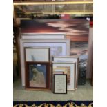 A selection of framed and glazed prints, watercolours, etc, of various subjects