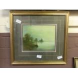 A framed and glazed possible watercolour of fishermen by lake signed bottom left