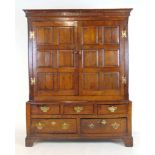 An 18th century oak press cupboard, the cornice over two paneled doors above the base with a bank of