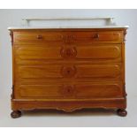 A 19th century French mahogany and white marble chest of two short over three long drawers on bun