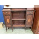 An Edwardian mahogany, satinwood banded, boxwood strung and marquetry side board, the multilevel top