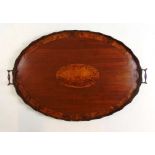 A Georgian mahogany, satinwood and penwork galleried tray with brass carry handles, w. 72 cm, d.