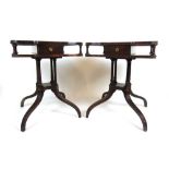 A pair of Edwardian style mahogany, marquetry and tulipwood banded lamp tables, the shaped top