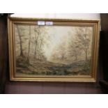 A framed oil on board of woodland river scene, signed Courtney