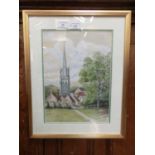 A framed and glazed watercolour of village church scene signed H Leary