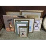 A selection of unframed, framed and glaze prints, pictures, etc, to include Vettriano, classic cars,