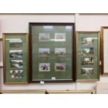 Three framed and glazed postcard displays depicting tractors, town scenes, etc