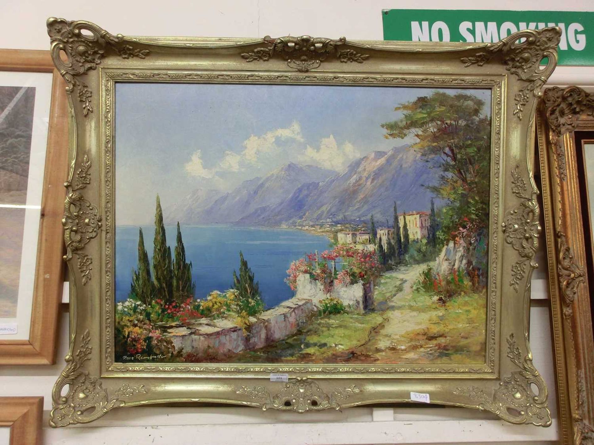 An ornate gilt oil on canvas of continental harbour scene signed Ramondo