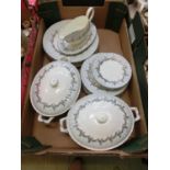 A tray containing a part Foley dinner set to include plates, tureens, sauce boats, etc