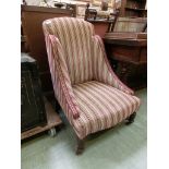 An Edwardian walnut framed chair upholstered in a modern gold and red striped fabric