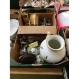 A tray containing plated candlesticks, ceramic models of birds, a Franklin Mint ceramic vase, etc