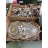 Two trays of plated ware to include cofee pot, teapots, trays, etc