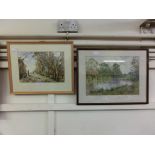 Two framed and glazed watercolours, one of lake scene the other of countryside lane