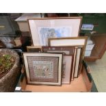 A carton of assorted framed and glazed prints, watercolours, and silks