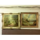 Two ornate gilt framed mid-20th century oils of a wooded scene together with a mountain lake scene