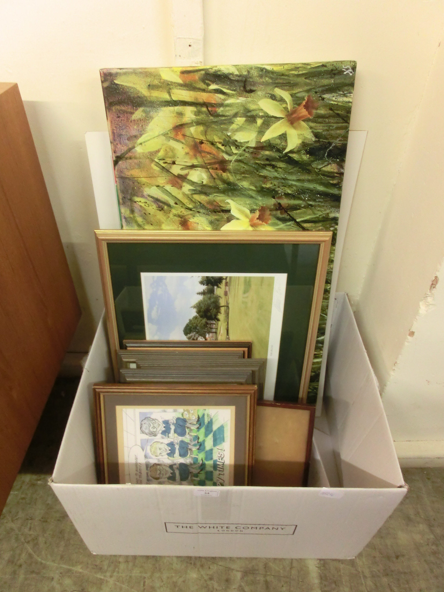 A carton containing an assortment of framed and glazed prints of various subjects including a Graeme