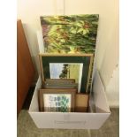 A carton containing an assortment of framed and glazed prints of various subjects including a Graeme