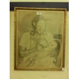 A framed and glazed monochrome print of lady and child