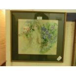 A framed and glazed watercolour of nude lady near flowers signed bottom right