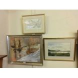 A framed oil on board of snowy river scene along with a framed and glazed watercolour of lake