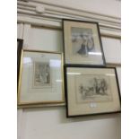 Three framed and glazed etchings etc. of young girl on beach, castle scene etc.