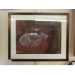 A framed and glazed pastel of dog on armchair signed O'Neill