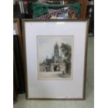 A framed and glazed tinted etching of Eastgate Warwick along with a modern mirror