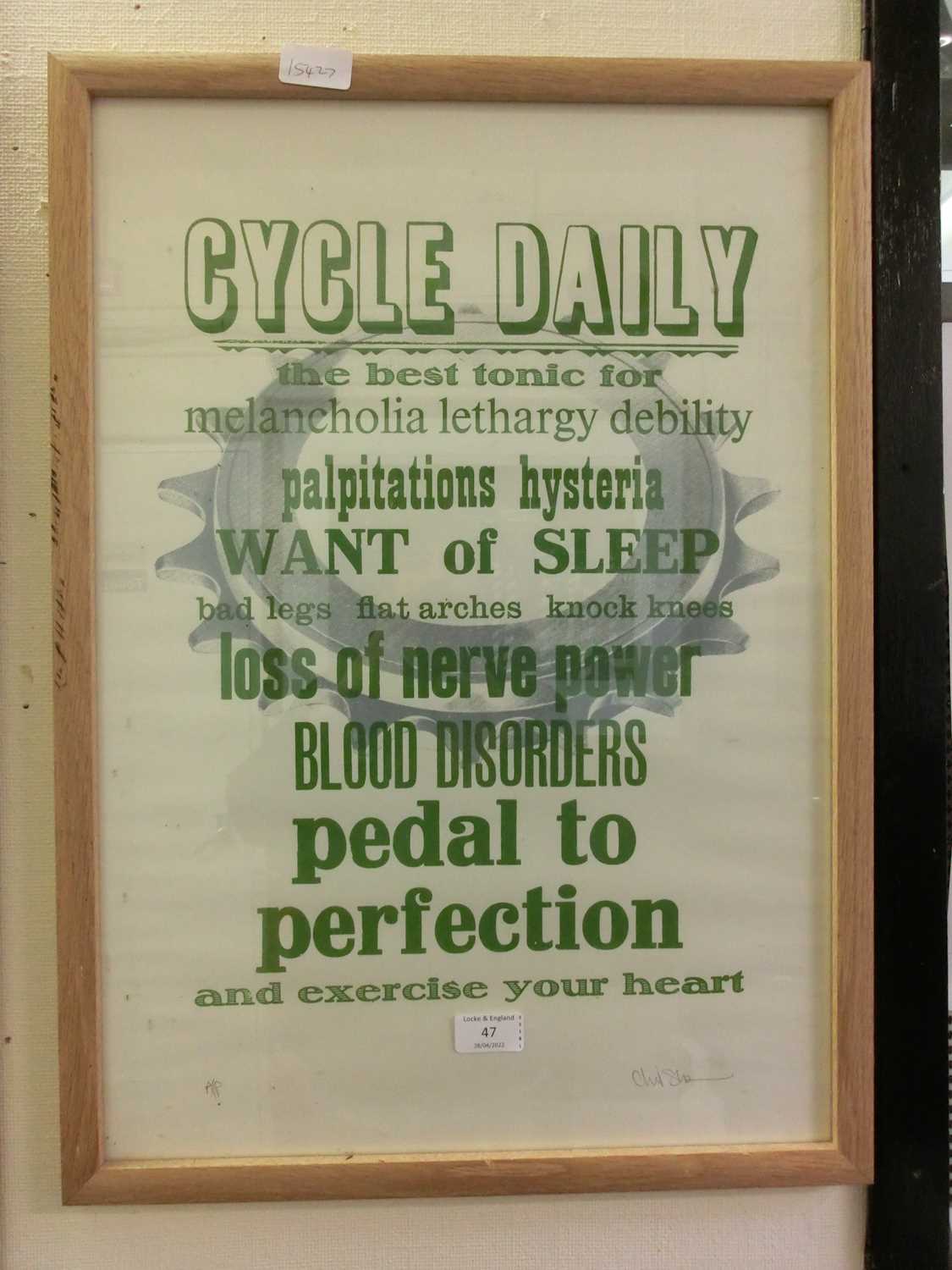 A framed and glazed poster titled 'Cycle Daily' signed bottom right