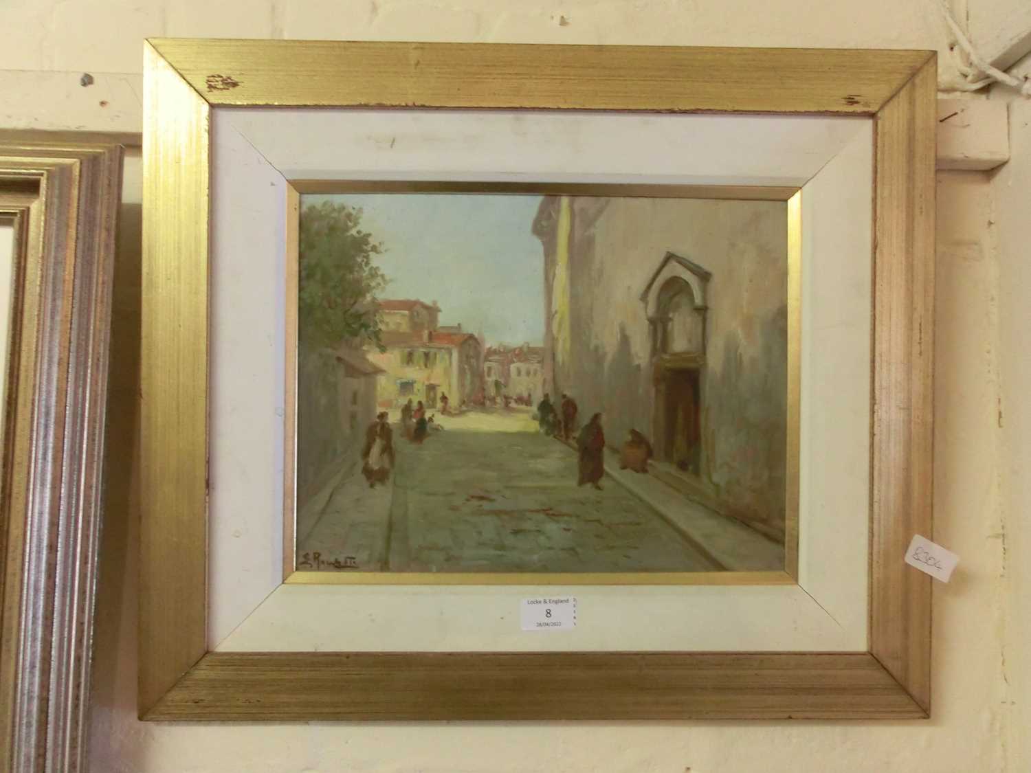 A framed oil on board of continental street scene signed bottom left