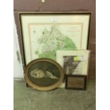 A framed and glazed map of the county of Warwick along with a print of young lady, a photograph of