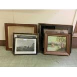 A collection of artworks to include oil of lake scene, antique prints, etc