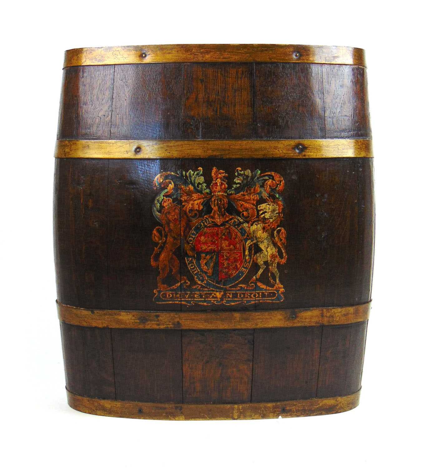 A reproduction 19th century style oak and brass banded barrel with armorial crest, h. 52 cm, w. 46 - Bild 2 aus 2