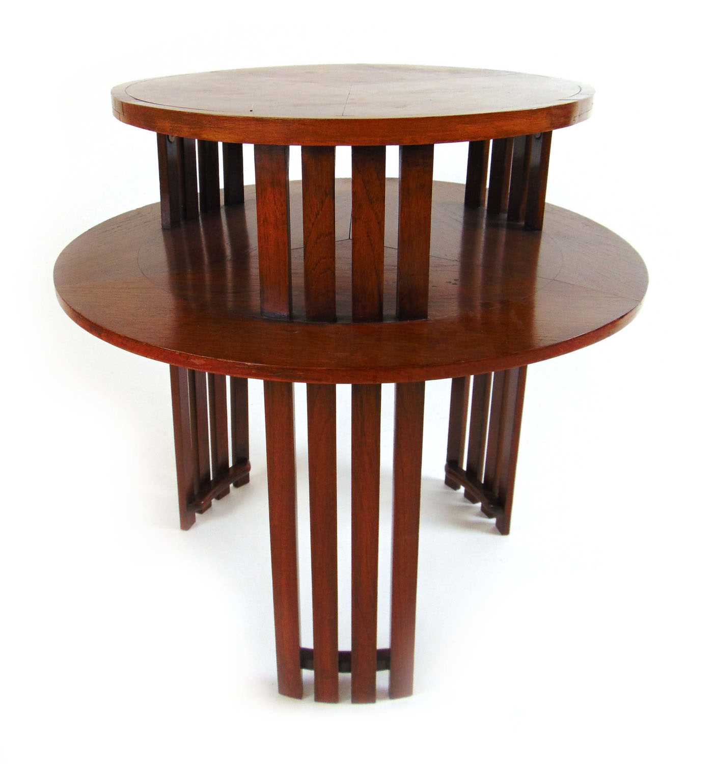 An early 20th century walnut two tier occasional table, the circular top and undertier supported - Image 2 of 2