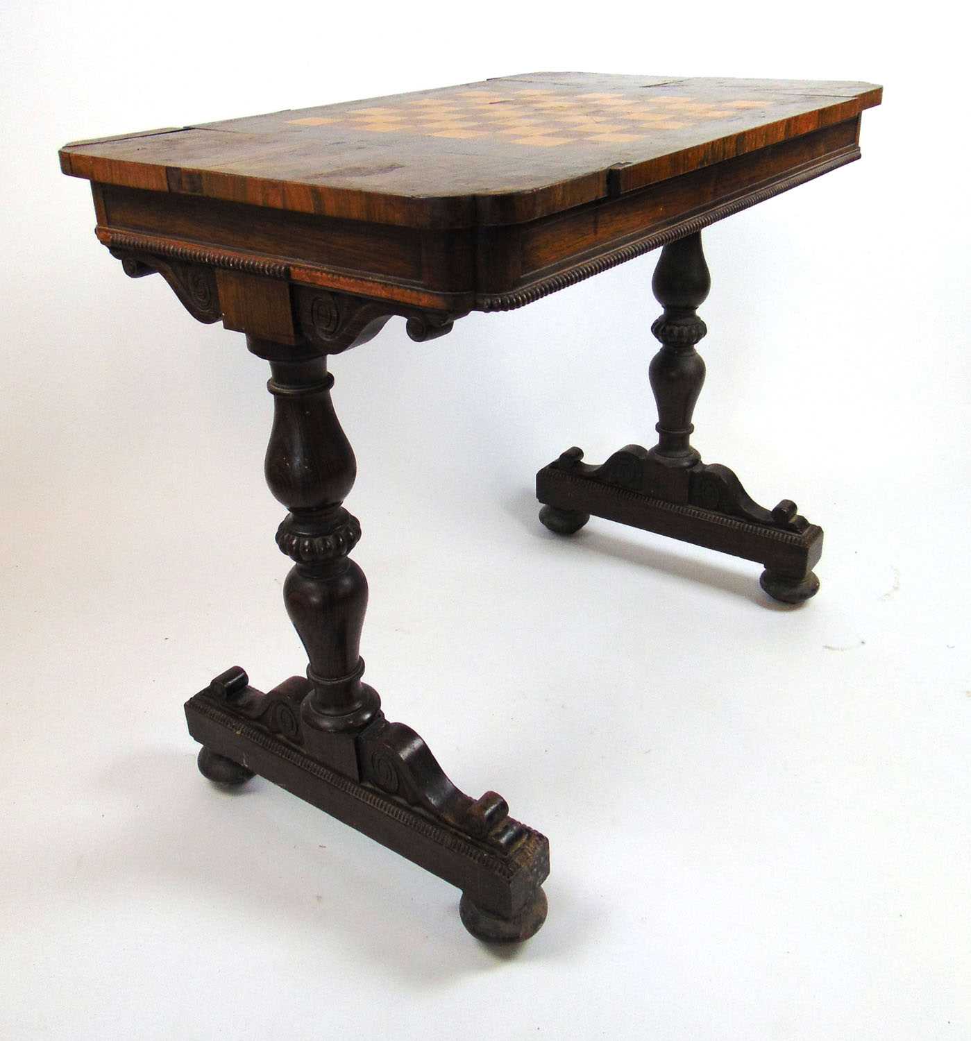 A Victorian rosewood and inlaid games table, the top with satinwood and mahogany chess board sliding - Image 3 of 4