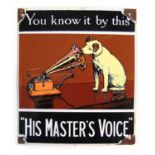 A small enameled advertising sign for 'His Master's Voice', 25 cm x 22 cmPossibly a 1970's