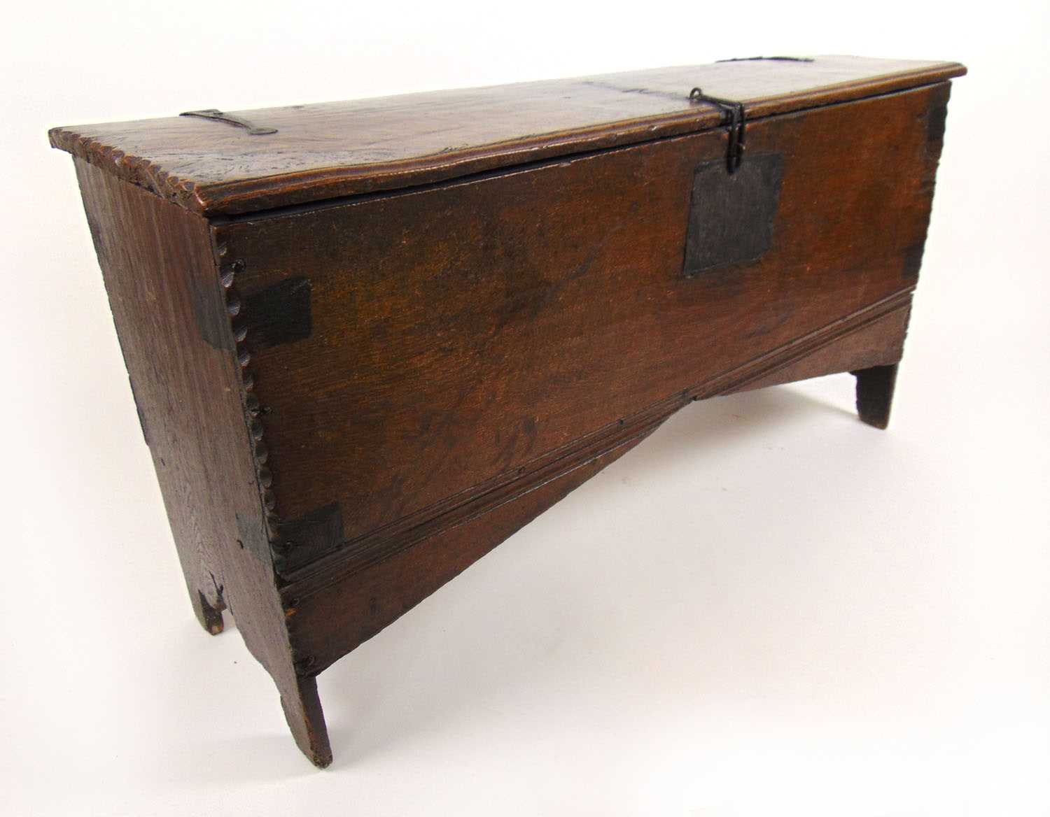 A late 17th century oak six plank coffer, the top lifting to reveal a vacant interior, h. 62 cm, - Image 3 of 3