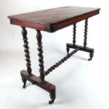 A 19th century rosewood and satinwood side table, the parquetry top on barley twist end supports and
