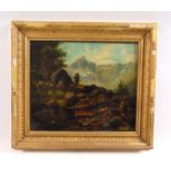 19th century English schoolfigure walking along mountain pathunsignedoil on board25 cm x 30 cm