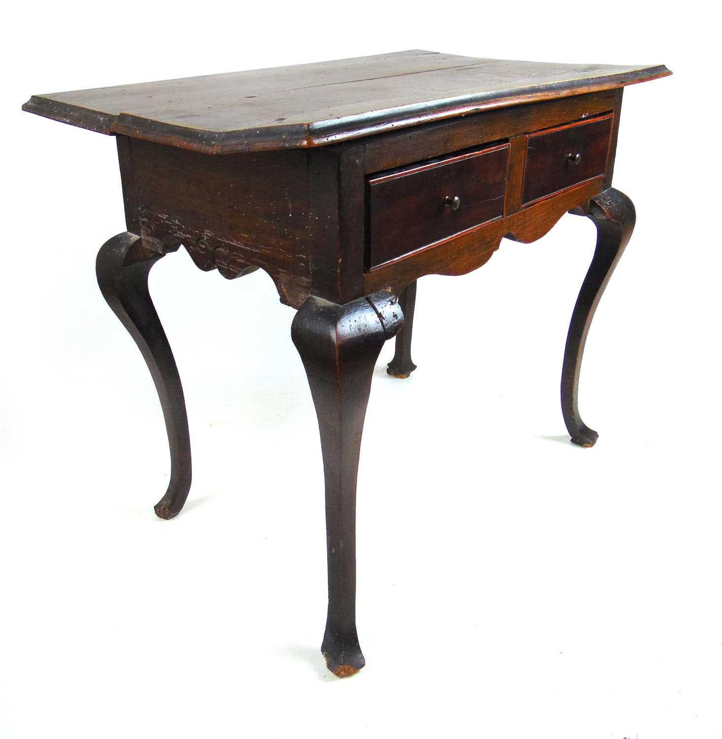 An early 18th century beech and fruitwood side table, the moulded top over two drawers on cabriole - Image 2 of 13