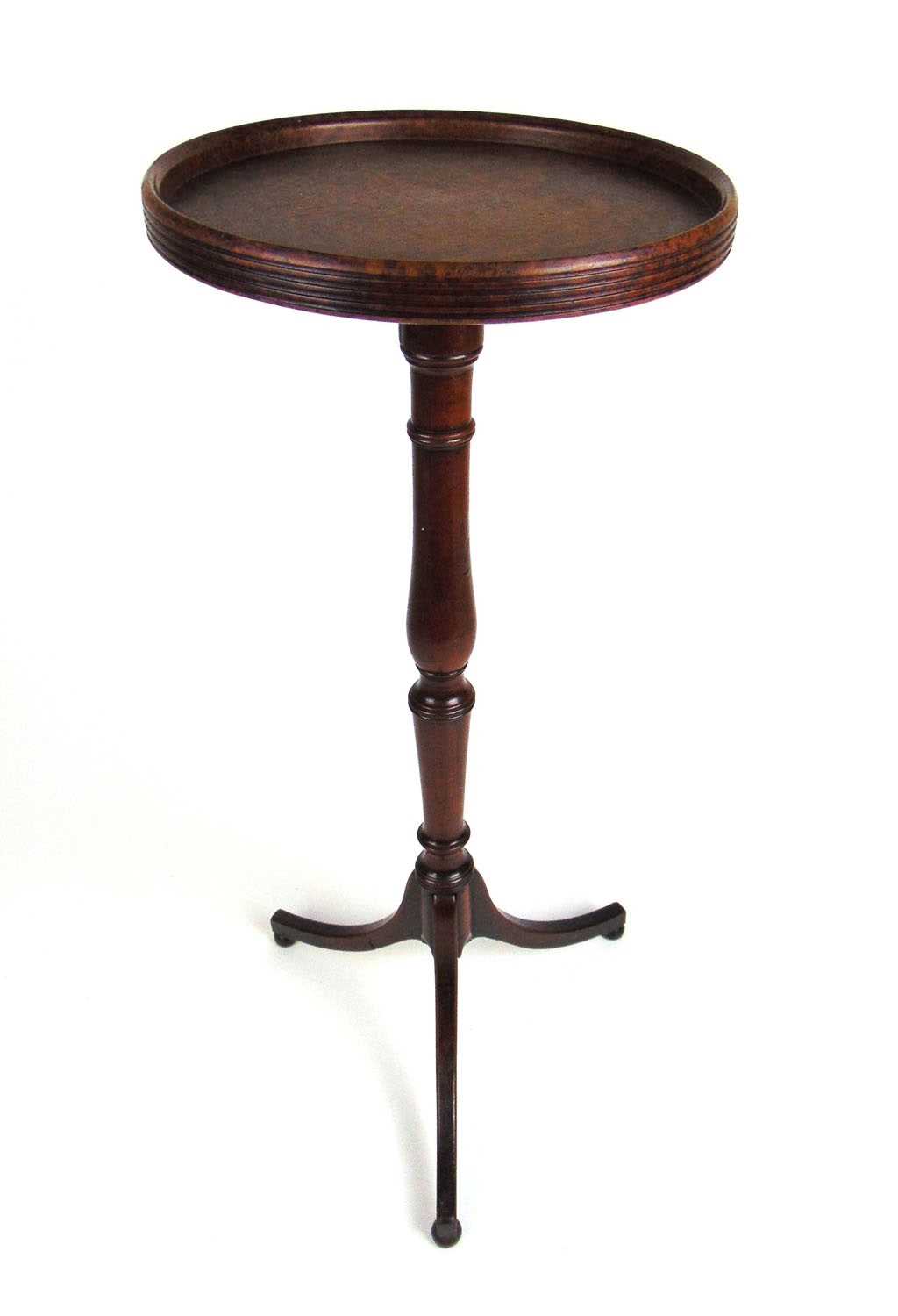 An 18th century fruitwood tripod table/candle stand base with a dish amboyna top, h. 72 cm, dia. - Image 2 of 3