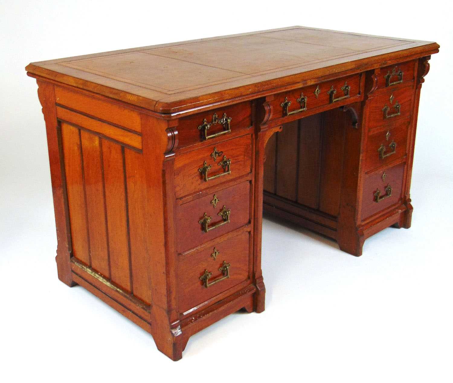A late Victorian oak free standing twin pedestal desk, the top with a brown tooled leather insert - Image 2 of 3