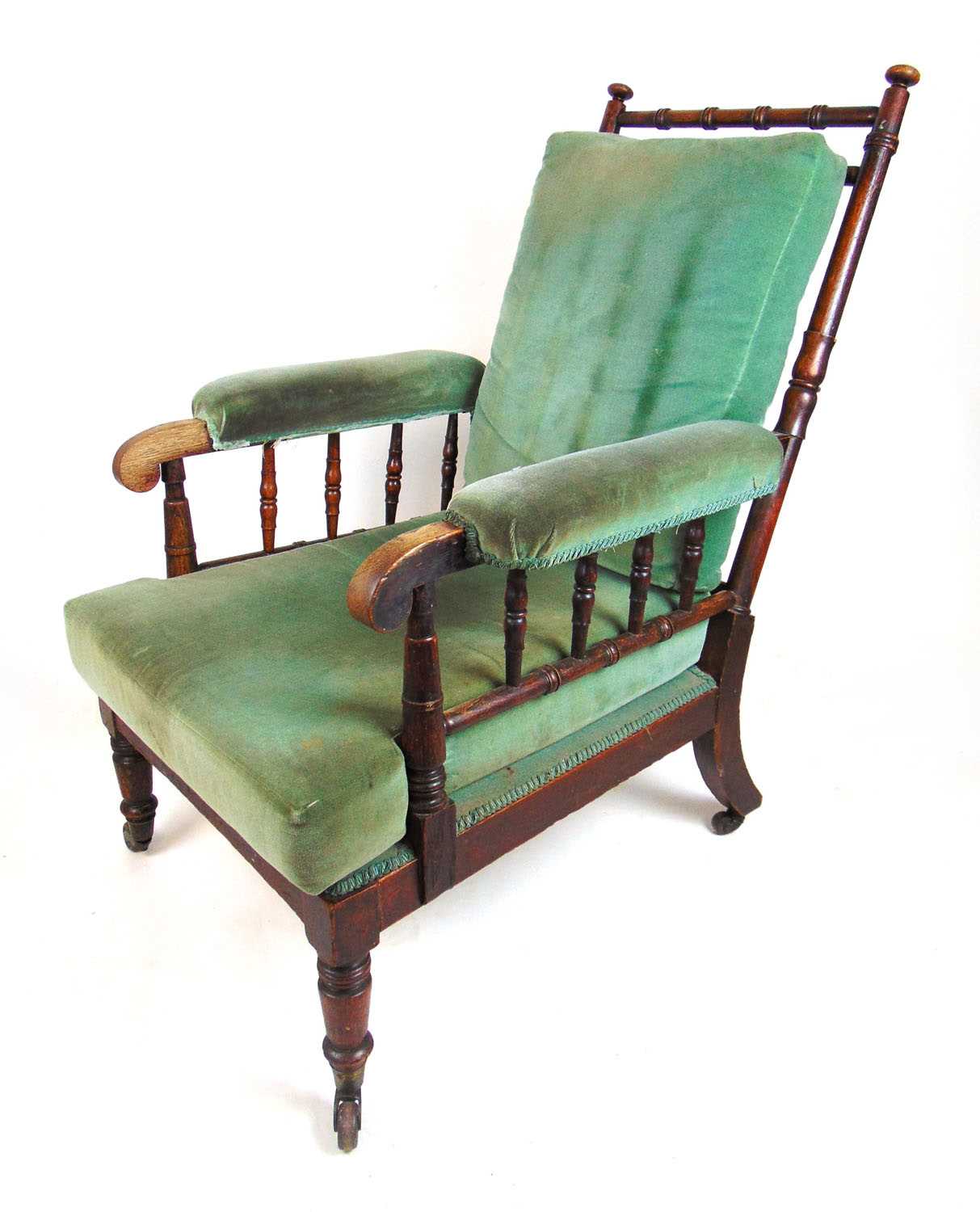 An early 19th century oak armchair upholstered in a cut green fabric, the turned frame on turned - Image 3 of 3