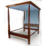 A 19th century and later mahogany full tester four poster bed, the top with pleated blue fabric over