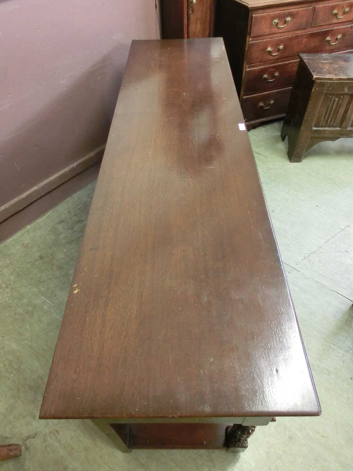 A 17th century style oak dresser base, the top over three panel front drawers over carved legs and - Image 8 of 12