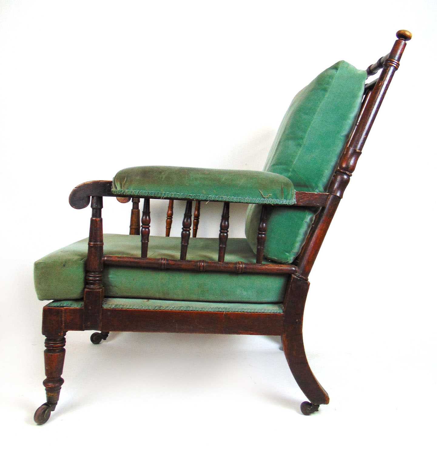 An early 19th century oak armchair upholstered in a cut green fabric, the turned frame on turned - Image 2 of 3