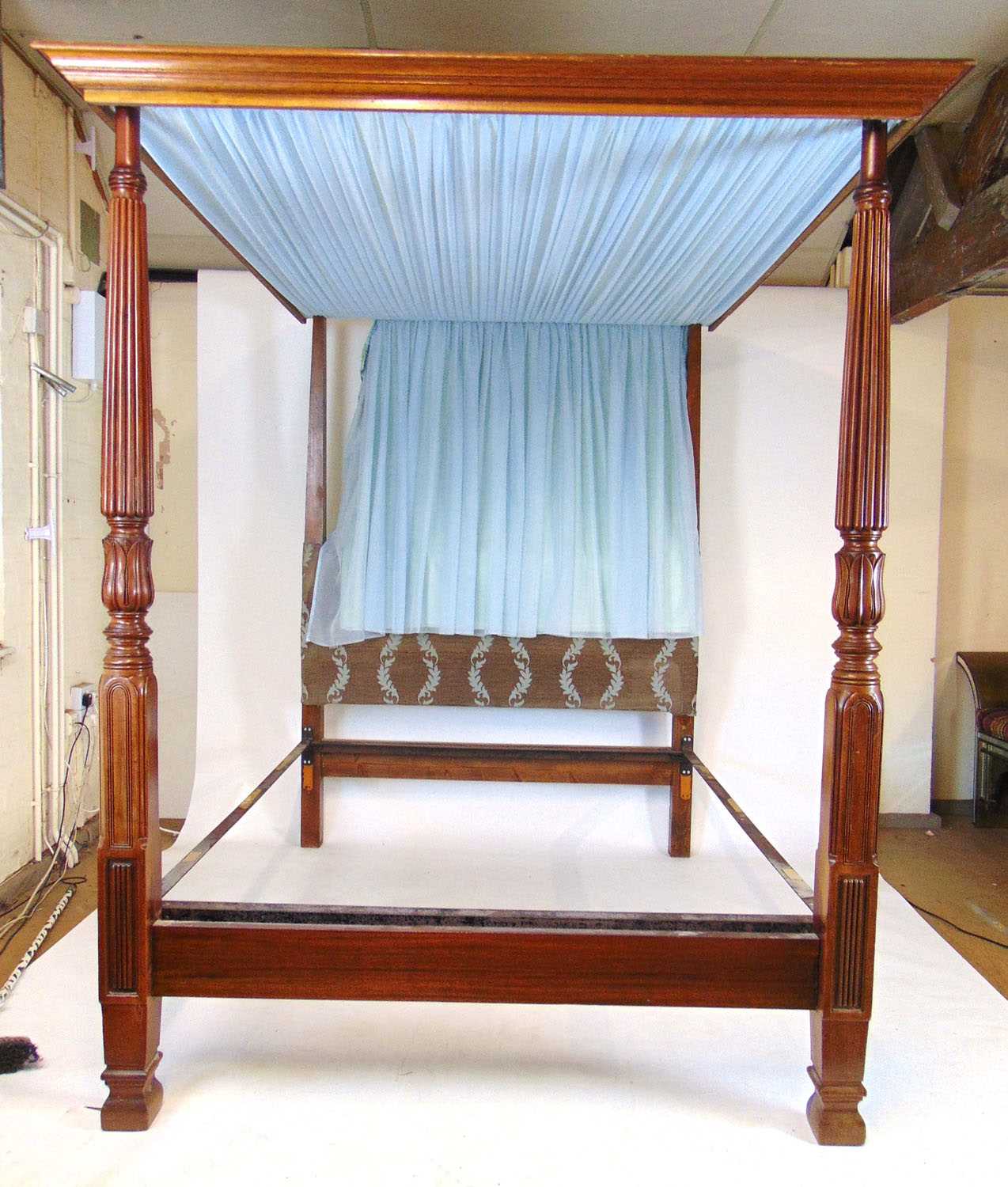 A 19th century and later mahogany full tester four poster bed, the top with pleated blue fabric over - Image 2 of 4