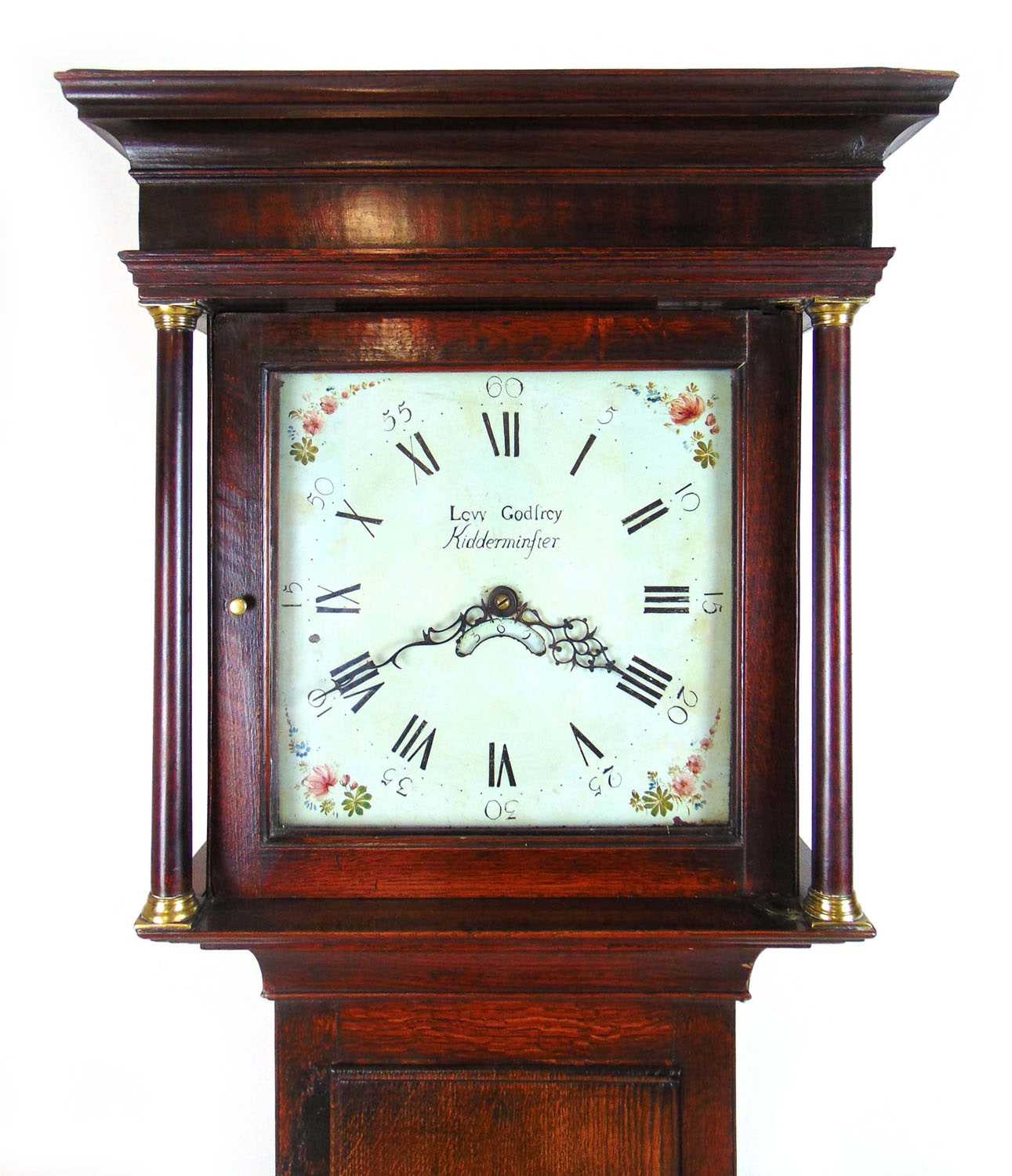 An 18th century oak long case clock, the enameled face with painted spandrels, Roman and Arabic - Image 2 of 8