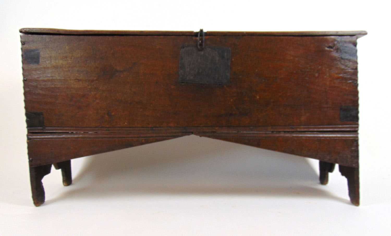 A late 17th century oak six plank coffer, the top lifting to reveal a vacant interior, h. 62 cm, - Image 2 of 3